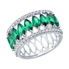 Кольцо-дорожка из серебра с фианитами цвета изумруд в огранке маркиз