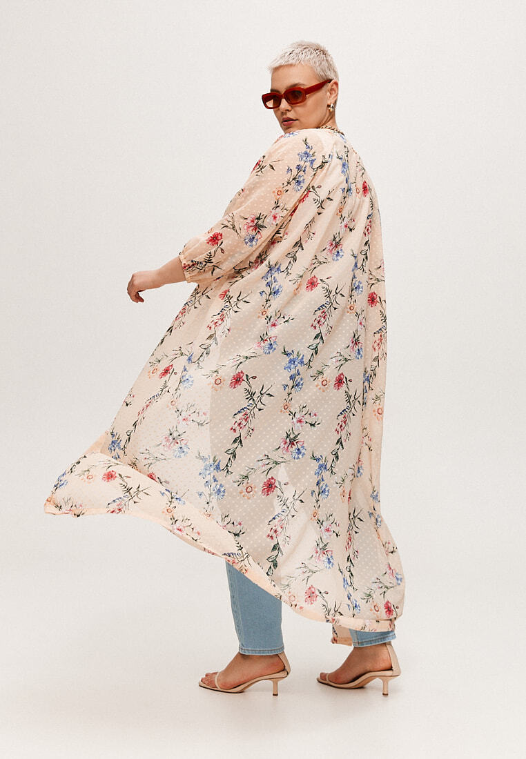 Платье-кимоно удлиненное, цветочный принт, бежевый