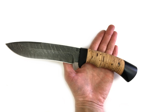 Нож Скиф, дамасская сталь, береста и черное дерево