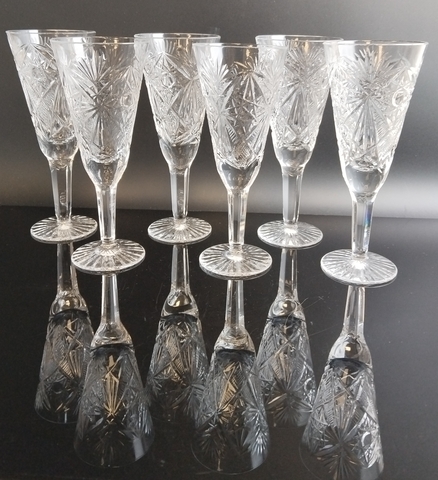 Фужеры хрустальные набор из 6 штук, алмазная грань, геометрический орнамент, 15.5 см, винтаж СССР 1970-1990 гг