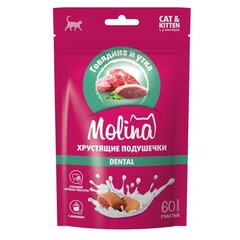 Лакомство для кошек и котят Molina хрустящие подушечки с начинкой из говядины и утки, DENTAL, 60г