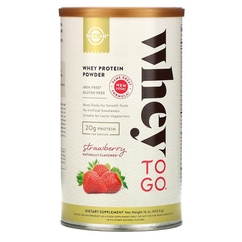 Solgar, Whey To Go, порошок сывороточного белка, клубника, 453,5 г (16 унций)