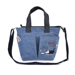 Сумка (тоут) с кошкой "MATILDAsan", c ремнем через плечо, на молнии, джинсовый синий, 23-6629-2, KUSUGURU