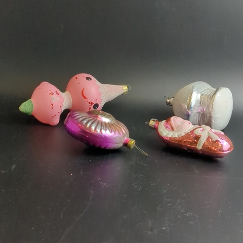 Ёлочные игрушки набор из 4 разных медальон солнце, чипполино, избушка, лялечка, стекло, роспись, узоры, подвесные, винтаж СССР 1960-1990 гг