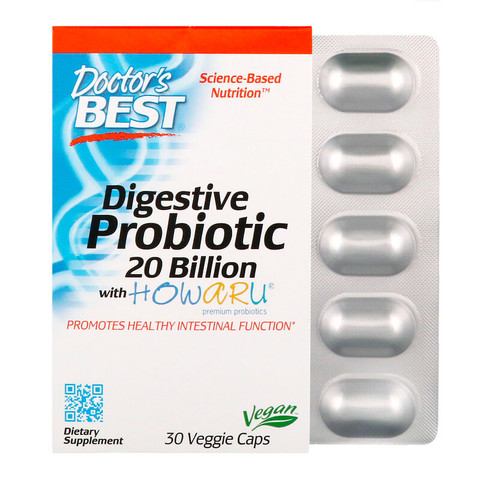 Doctor's Best, Пищеварительный пробиотик с Howaru, 20 млрд КОЕ, 30 растительных капсул