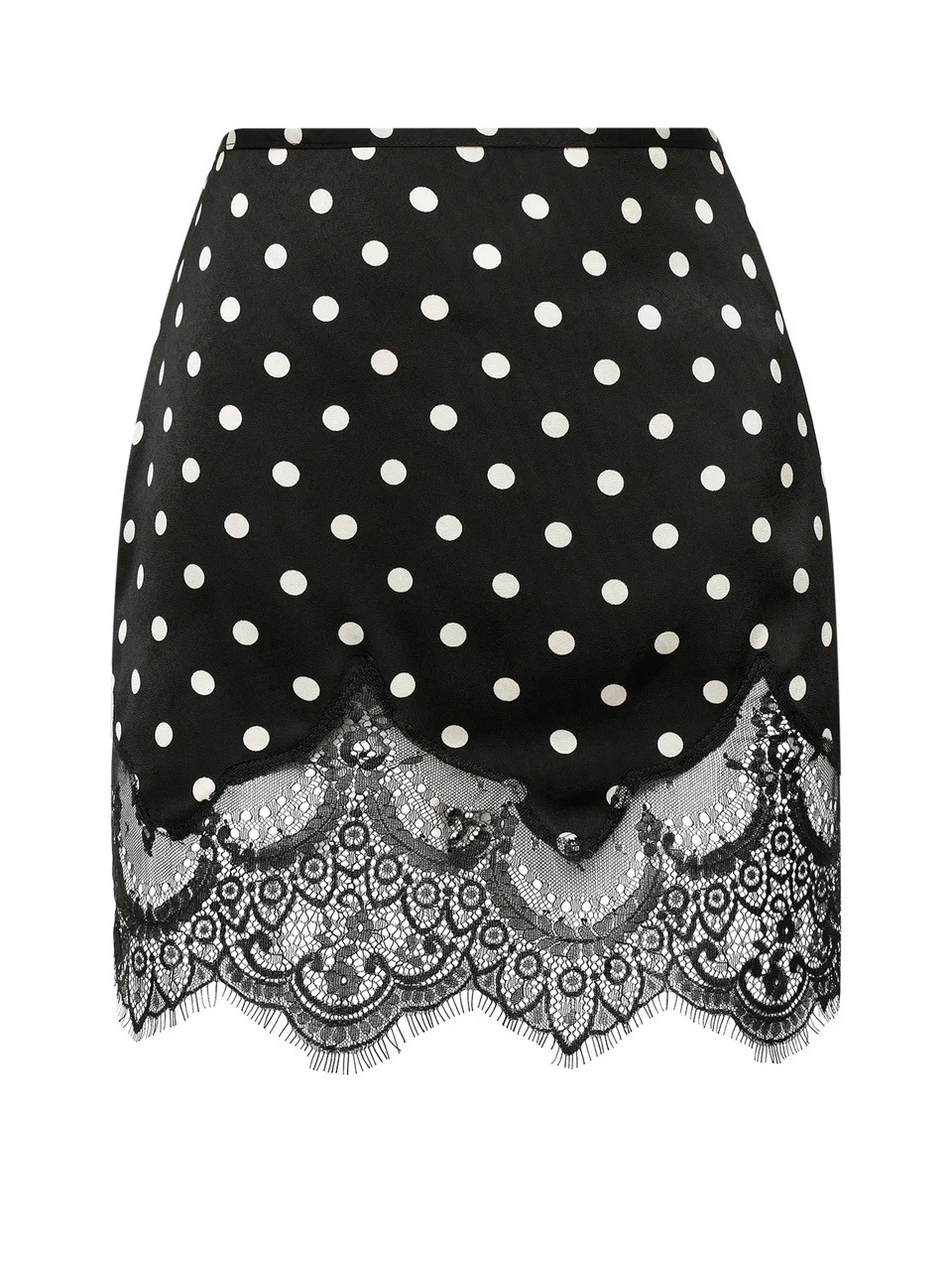Шелковая мини юбка с кружевом в горох, Черная