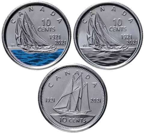 10 центов 2021 - 100 лет паруснику Блюноз (набор 3 монеты 1 цветная + 2 простых) Канада