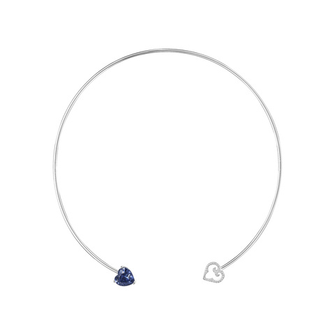 CHOKER NECKLACE TWO HEARTS Blue Stone, Rhodium, Cubic Zircons