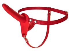 Красный страпон на ремнях с вагинальной пробкой - 15 см. - 