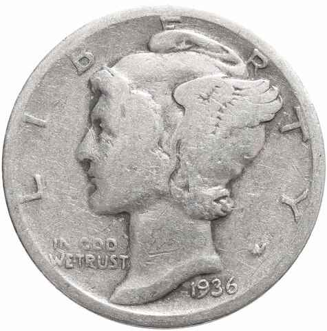 1 дайм (10 центов) 1936. США F- (Меркурий) Серебро