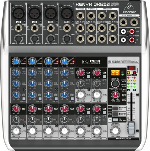 BEHRINGER QX1202USB микшер, 4 моновхода с компрессорами, 4 стерео входа, 2 AUX-шины, процессор эффектов, USB