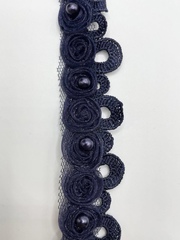 Тесьма кружевная с декором из органзы и бусин , цвет: тёмно-синий  , 23 мм