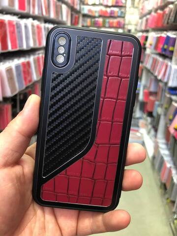 Силиконовый чехол с карбоном и эко-кожей Durable case JB series для iPhone X, Xs (Красный)