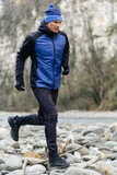 Премиальный костюм для лыж и зимнего бега Nordski Hybrid Hood Premium Black/Blue с лямками