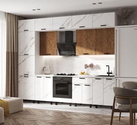 Кухня Техно 3,0/1080м Компоновка №6 (Экзотическое дерево Амазония/Мрамор белый, Белый (Антарес))