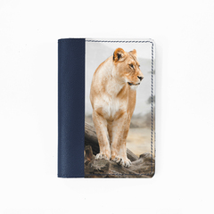 Обложка на паспорт комбинированная "Одинокая львица", синяя белая вставка