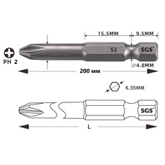 Бита PH2х200мм S2 1шт SGS 63200-6.0-PH2
