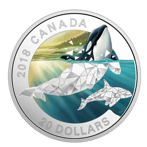 Канада 2018, 20 долларов, 1 унция, серебро. Геометрическая фауна. Касатки