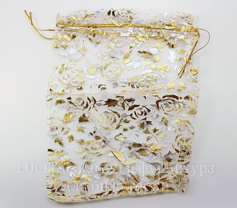 Подарочный мешочек из органзы "Золотые розы" белый, 20х15 см
