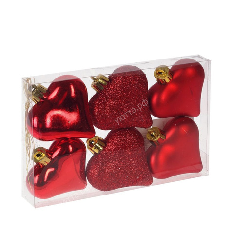 Украшение новогоднее “Сердце” набор из 6-ти штук (16*2,5*10,5 см) - Красный