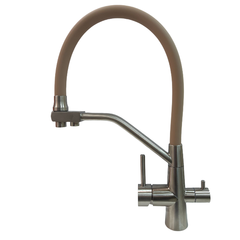 Cмеситель для кухни с выходом для питьевой воды гибкий силиконовый излив бежевый + сатин Accoona