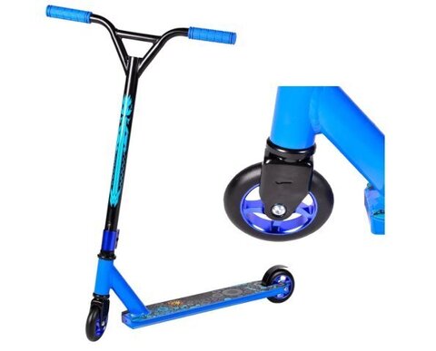 Самокат трюковой Синий, мет. спицы, дэка: дл≈48,5см, ш≈10см, толщ≈2,5см, h руля≈82,d колеса -10 см