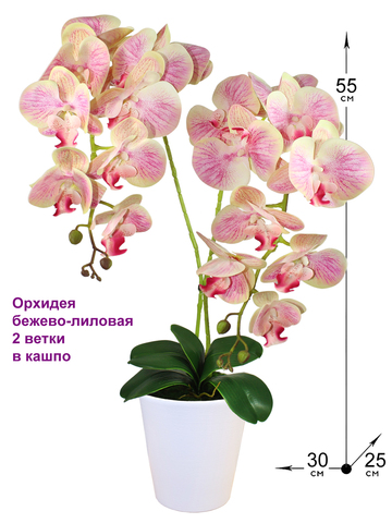 Искусственная Орхидея бежево-лиловая 2 ветки 55 см в кашпо