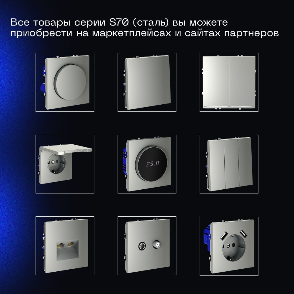 Выключатель с самовозвратом встраиваемый Voltum S70 двухклавишный 10А, (сталь) VLS020605