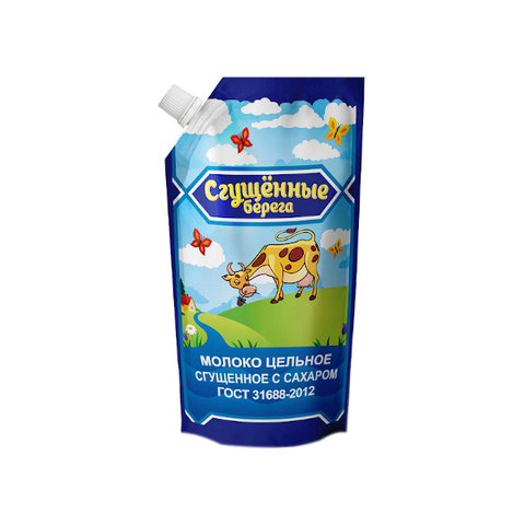 Молоко цельное сгущен.Сгущенные Берега дойпак.270гр