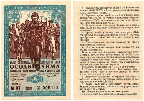 Билет лотереи ОСОАВИАХИМА 071-005012. 1936 г. Без сгиба XF