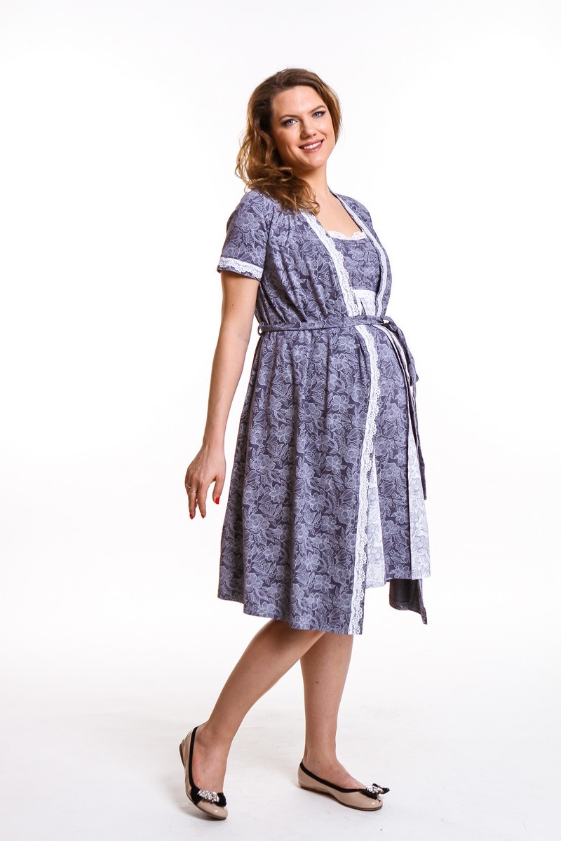 Комплект для беременных и кормящих с халатом и сорочкой 09366 сине-белый