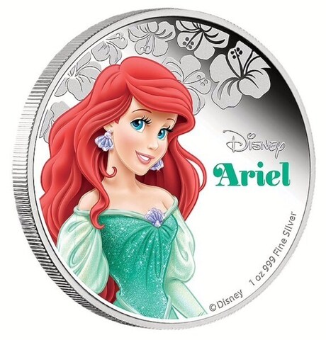 Ниуэ 2015, 2 доллара, серебро. Дисней, принцессы. Ариэль