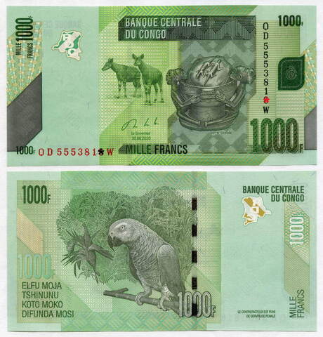 Банкнота Конго 1000 франков 2020 год QD5553819W. UNC