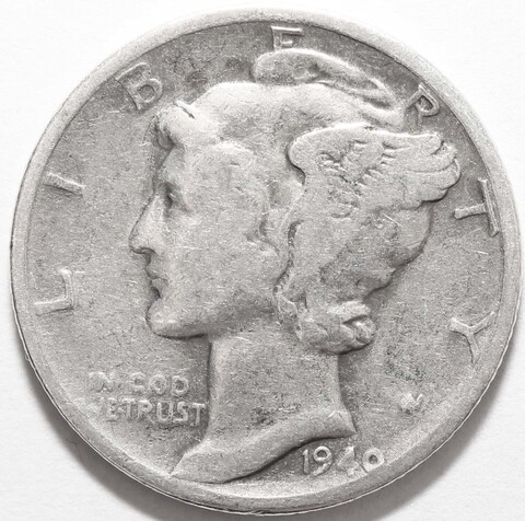 1 дайм (10 центов) 1940. США. F-VF (Меркурий) Серебро