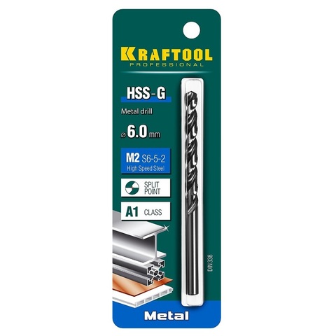 KRAFTOOL HSS-G 6.0 х93мм, Сверло по металлу HSS-G, сталь М2(S6-5-2)