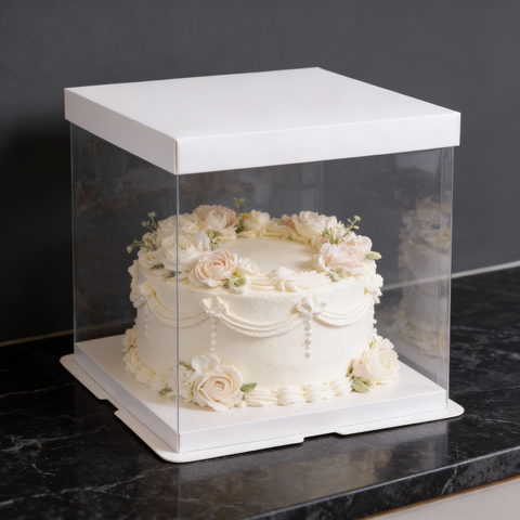 Прозрачная коробка для торта с пьедесталом (аквариум) 30*30*38 см, квадратная, белая