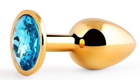 Золотистая анальная пробка с голубым стразом - 7,2 см. - Anal Jewelry Plug GS-05