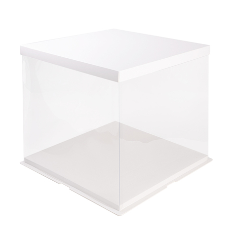 Прозрачная коробка для торта с пьедесталом (аквариум) 30*30*38 см, квадратная, белая