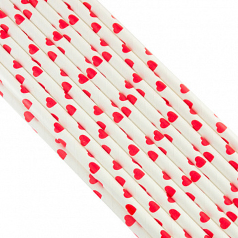 Трубочки бумажные Белые с красными сердечками, 200*6мм, 20шт