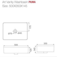 PU3500 Накладная раковина-чаша 50 см нано, тонокостенная, прямоугольная белая HDA055