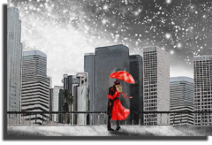 Постер "Городской пейзаж и красный зонт"