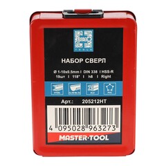 Набор сверл по металлу 1-10мм 19шт DIN338 HSS 118° (мет. кейс) H-Tools 205212HT