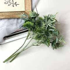 №2 Искусственная зелень  - календула флористическая, Зеленая пепельная, 3 объемные ветки, букет 31 см.