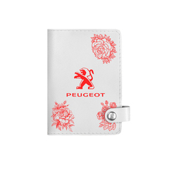 Обложка на автодокументы на кнопке с кармашками "Peugeot", белая