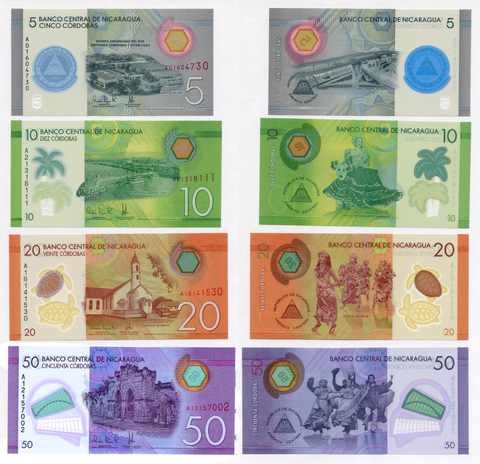 Банкноты Никарагуа 4 шт (5, 10, 20 и 50 кордоба) 2014-2019 гг. UNC. Реальные номера (пластик)