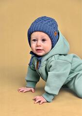 Шапка вязаная на завязках Ромбики (джинс)