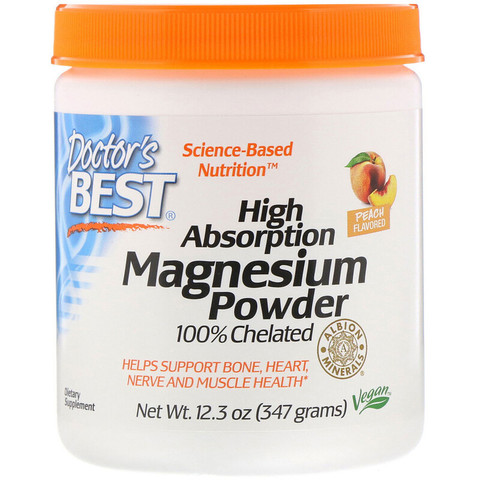 Doctor's Best, 100% хелатный легкоусвояемый порошок магния с «Albion Minerals», вкус персика, 347 г (12,3 унции)