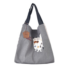 Сумка-шоппер большая с 2 отсеками на кнопке-магните, "NEKOMARUKE", серый шелк, 23-6520-1, KUSUGURU