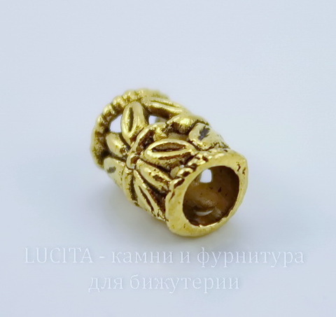 Бусина металлическая 10х6 мм (цвет - античное золото), 10 штук