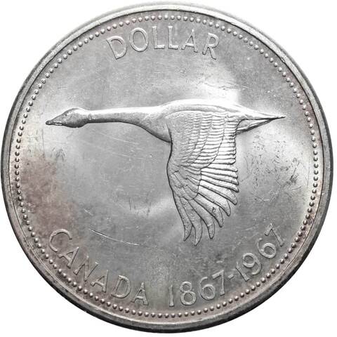 1 доллар. 100 лет Конфедерации Канады. Серебро. 1967 г. AU